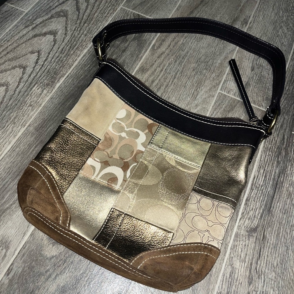 Coach Signature Holiday Gold Leather/Suede Patchwork Crossbody/Shoulder Purse